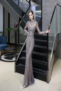 Sexy Champagne Gray Mermaid Evening Dresses 2020 New Party Dress Long Sleeves Beading Crystal Formal Party Long Prom Gowns vestido3560976