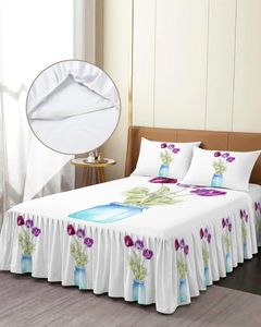 Sängkjol tulpaner blommor vaser elastisk monterad sängöverdrag med örngott skyddande madrass täcker sängkläder set ark