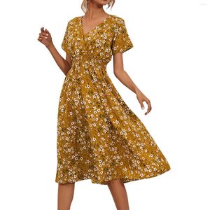 Casual Dresses Yellow Floral Print Summer For Women 2024 V-ringen Kort ärm Strand Sundress Loose Party A Line Long Dress