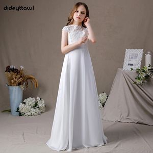 Dideyttawl Lace Chiffon Dress For Girl Cap Sleeves First Communion Gown A Line Floor Length High Neck Junior Bridesmaid 240312
