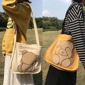 Bolsas de ombro Mulheres Bolsa de Lona Ambos os Lados Bordados Bonito Padrão de Urso Crossbody Messenger Pano Livros para Meninas Universitárias