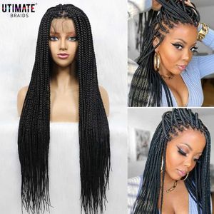 Perucas sintéticas Africano Americano Perucas de trança sintética com cabelo de bebê Full Lace Frontal 36 polegadas Black Knotless Box Tranças Peruca para mulheres negras 240328 240327