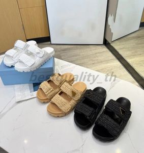 Tasarımcı Kadınlar Rafya Terlik Tığ takozları Slaytlar Siyah dokuma platform sandal saman terlik yaz iki kayış düz konfor katırları