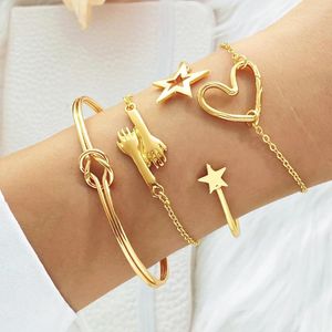 Link pulseiras punk dourado abraço metal pentagrama amor abertura pulseira para mulheres homens coração contas pingente charme conjunto