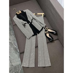 2024 primavera preto contraste cor lantejoulas calças de duas peças define manga longa entalhado lapela painéis blazer blazers topo + conjunto calças ternos o4j152325