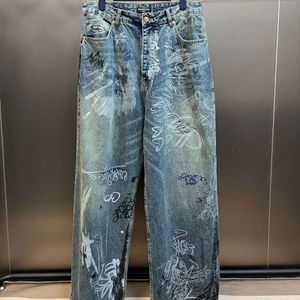 High Version Paris B Runway Style Graffiti Family Denim Pants, Unisex Loose Fitting Os Jeans