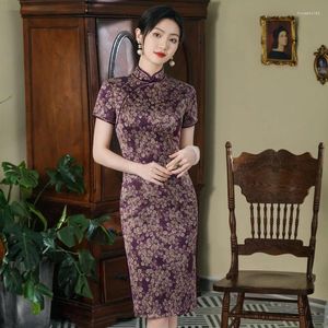 Etnik Giyim Çin Cheongsam Yaz 2024 Kısa Kollu İyileştirme Orta Uzunluk Qipao Kadınlar Zarif Mizaç Saten Elbise 4xl 5xl