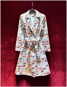 European and American women's dress 2023 winter new Suit collar Long sleeve horse print double breasted fashion Trench coat