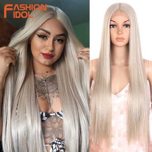 Syntetiska peruker Human Chignons Fashion Idol Cosplay Wig Syntetisk 30 tum rak spetsfront peruk ombre blond färgglad peruk värmebeständig falsk hår för kvinnor 240327