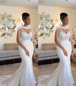 New African Wedding Dresses Bridals Gowns Mermaid Wedding Dresses Vintage V Neck Spaghetti Straps Lace Crystal Beads With Wrap Wed6415938