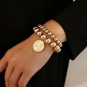 Винтажные браслеты из желтого золота 14 карат в стиле панк для женщин, браслеты ручной работы с портретными монетами, модные ювелирные изделия в стиле хип-хоп, подарок дружбы