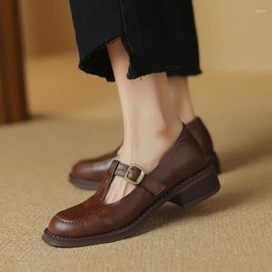 Dress Shoes Round Toe Chunky High Heels Women T-strap Shallow Ladies Pumps Fashion Casual Spring Summer Brown Black 34-39