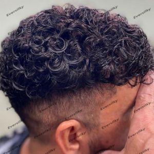 Toupees saptanamayan afo adam jet siyah 18mm kıvırcık mikro cilt taban erkekler toupee doğal saç çizgisi adamın kıvırcık insan saçı protez sistemi