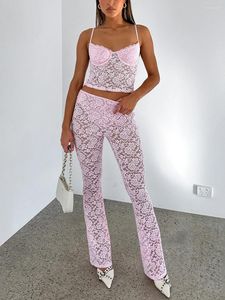 Women's Two Piece Pants Sheer Floral Lace 2 Outfits For Women Sexy Bodycon Sleeveless Camisole Crop Top And Pajamas Lounge Set
