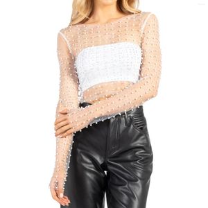 Kobiety eleganckie perły pokrywki bluzki Sheer siath-crop top na plaży seksowna segment przez długi rękaw Slim Shirt Tops Sarongi plażowe