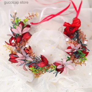 Tiaras Flower Hair Band Lace-up Head wear Wreath Headdress Korean-Style Princess garland Wedding Jewelry Hairbands TiarHair Accessories Y240319