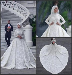 Wysokie szyi z długim rękawem arabskie hidżab muzułmańskie sukienki ślubne 2019 romantyczne aplikacje koronkowe białe suknie ślubne pociąg Abiti da SPO6772457