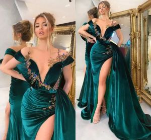 Dark Green Evening Dresses Sexy Deep V Neck Crystals High Side Split Cap Sleeves Celebrity Women Formal Party Pageant Prom Gowns BC14269