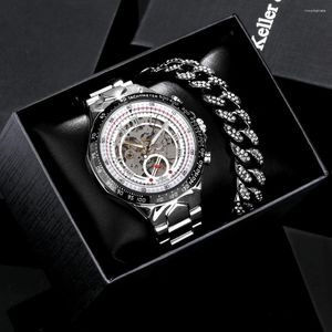 Wristwatches Hip Hop Men Watch Bracelet Gift Set Box Top Automatic Mechanical Watches Copper Steel Strap Fashion Classic