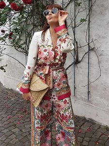 Retro Flower Printed Blazer garnitury dla kobiet wiosna OL Casual Long Rleeve Press Wideleg Pants żeńskie 2 -części