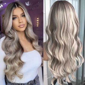 Syntetiska peruker Syntetiska peruker Body Wave Spets Front Wig Highlight Ash Blonde Lace Frontal Syntetiska peruker PRECUCKED Långt vågiga syntetiska spets peruk för kvinnor 240327