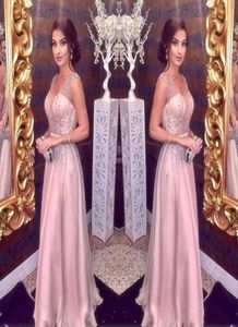 Elegante Blush Rosa Vestidos de Noite Longo 2022 Aline Sexy Straps V Neck Major Beading Prom Party Red Carpet Dress Girls Pageant Gow3219656