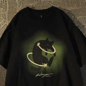 Męskie koszulki amerykańskie retro cat Cotton T-shirts dla mężczyzn i kobiet ponadwymiarowe Summer luźne para swobodne ubrania Y2K Top 240319