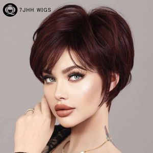 Synthetische Perücken 7JHH WIGS Kurze Bob-Perücke, weinrote Perücke für Frauen, tägliche Party, natürliche Kunsthaar-Perücken mit flauschigem Pony, hitzebeständige Faser 240328 240327