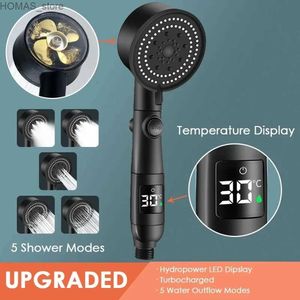 Bathroom Shower Heads Temperature Digital Display Shower Head 5 Modes High Pressure Large Flow Spray Nozzle Rainfall Fan Shower Bathroom Accessories Y240319