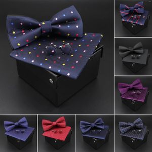 Yay bağları katı polyester noktalar bowtie mendil kolklinarlar set erkekler moda kelebek parti düğün bowties kutu olmadan bewny hediye