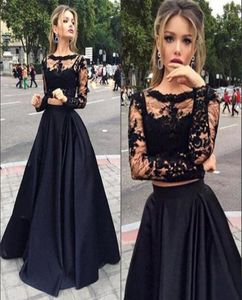 Plus Size Two Pieces Black Prom Dresses Long Sleeves ALine Sexy Jewel Illusion Bodice Long Lace Evening Dress Party Formal Gowns 2037375