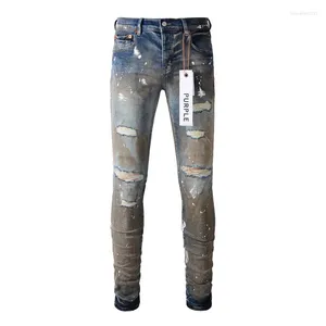 Женские брюки, фиолетовые фирменные джинсы с потертостями, краской и дырками, модный ремонт, обтягивающие джинсы с низкой посадкой