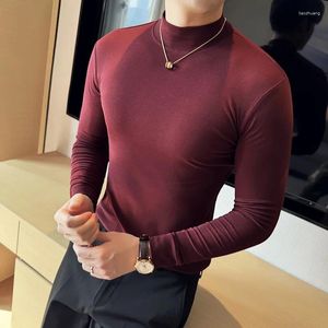 T-shirts masculinas estiramento casual meados de pescoço manga longa camiseta magro inferior moda semi-alta pescoço outono jaqueta