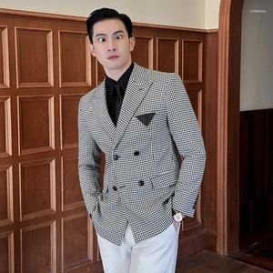 Men's Suits Shawl Collar Double-Breasted Houndstooth Color Matching Suit Jacket Leather Pocket Decorative