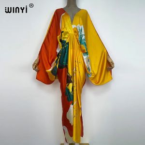 WINYI Moda Bohemian Profundo Decote Em V Floral Europea Para Senhora Tamanho Livre Solto Batwing Férias Praia cobrir Festa Kaftan Vestido 240314