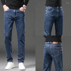 Herr jeans 2024 män hög midja stretch rak ben manliga streetwear klassiska denim byxor smal passande casual affärsgrå byxor