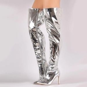 Buty seksowne spiczaste palce uda wysokie buty dla kobiet patentowe skórzane nad kolanami botki sztyletowe sztyfte