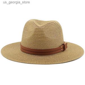 Szerokie czapki Brim Hats Hats 54-57-59-60CM Naturalny panama miękki kapelusz z brązowym paskiem Summer Women Brown Beach Sun Hat UV Protection Fedora Hat Y240319