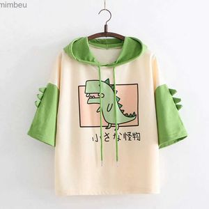 Damen T-Shirt 2021 T-Shirt Frauen Hoodies Sommer Pullover Tops Dinosaurier Cartoon Harajuku Grafik T-Shirts Mädchen Teenager Niedlich Kaii Kapuzen CamisetaC24319