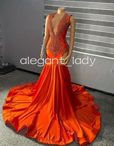Orange Sparkly Mermaid Evening Ceremony Dresses For Black Girl Luxury Diamond Crystal Prom Birthday Gala klänning Sheer Mesh