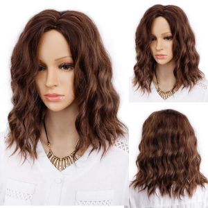 Wigs 14 Inch Synthetic Short Bob Wavy Wig Blonde Ombre Brown Wigs With side bangs for Black Women False Hair