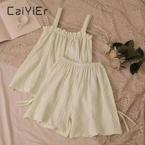 Caiyier verão doce coreano meninas pijamas conjunto gaze algodão kawaii pijamas para mulheres sexy lingerie colete top shorts homewear 240308