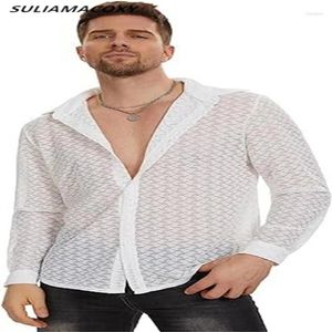 Camicie casual da uomo Camicia trasparente in pizzo Abbigliamento da uomo sexy a maniche lunghe in rete cava