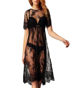 2019 New Women Lace Dress Party Casual Long Black Short Sleeve O Neck Se genom strandkläder transparenta klänningar plus storlek1640821