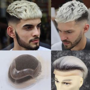 Perücken menschliches Haar Herren Spitze vordere Toupe schwarze Wurzeln Platinblond Ombre Haarfarbe 8x10inch Leichte blonde Haarstück System 1BT60