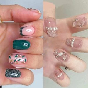 False Nails French Fashion Tree Shadow Cat's Eye Press On Detachable White Ribbon Fake Nials DIY