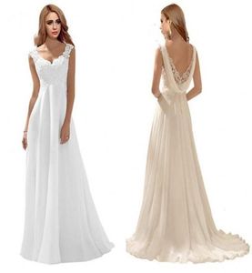 Romantisk baksida spets bröllopsklänningar klänning Empire Applique Chiffon Backless Sweep Train White Ivory Bridal Gowns Vestidos de5839890