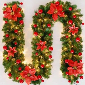 Decorative Flowers PVC 2.7m Christmas Rattan Artificial Garland Home Staircase Shopping Mall Festival Wreath With LED Light Red