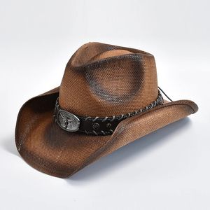 Herrkvinnor Vintage Western Cowboy Hat Handgjorda halmvävning Beach Sun Hat Gentleman Lady Cowgirl Jazz Hat 240312