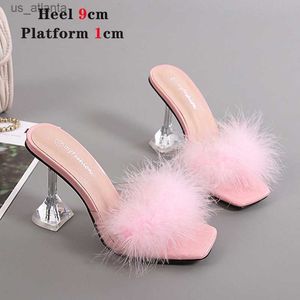 Dress Shoes Dress Shoes Slippers Voesnees Sandals Summer Woman Pumps PVC Transparent Feather Perspex Crystal High Heels Fur Peep Toe Mules Ladies 5W7W H240321